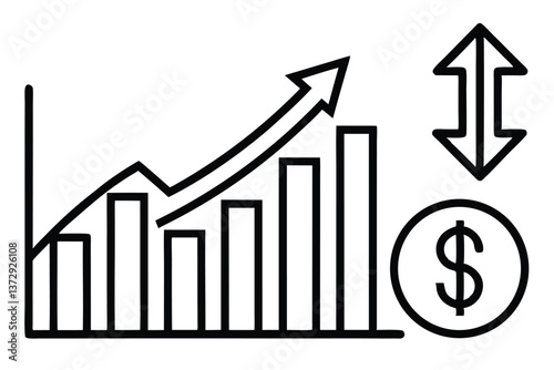 Black and white icon of a graph increasing with a dollar sign, representing increasing profit.