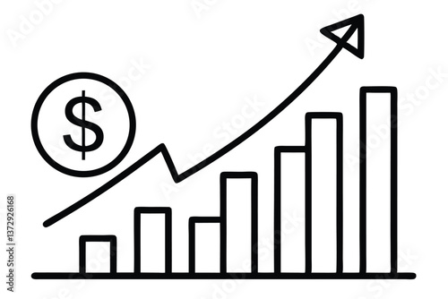 Black and white icon of a graph increasing with a dollar sign, representing increasing profit.