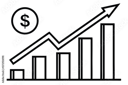 Black and white icon of a graph increasing with a dollar sign, representing increasing profit.
