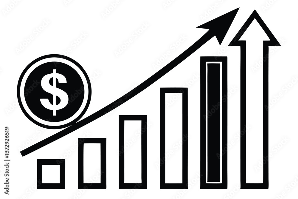Black and white icon of a graph increasing with a dollar sign, representing increasing profit. Black and white icon of a graph increasing with a dollar sign, representing increasing profit.
