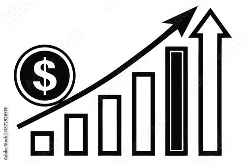 Black and white icon of a graph increasing with a dollar sign, representing increasing profit.