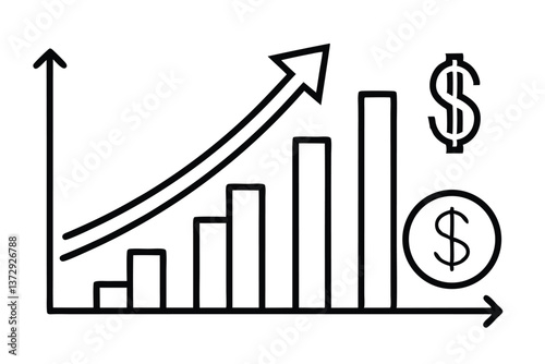 Black and white icon of a graph increasing with a dollar sign, representing increasing profit.