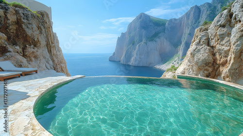 Stunning infinity pool merges into the sea nestled between rocky cliffs under a clear sky A relaxing getaway in a pict