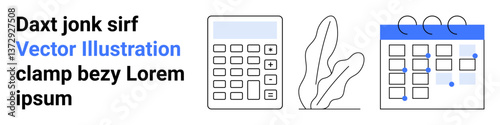 Calculator alongside leaf shape and marked calendar emphasizing management, finances, and planning. Ideal for productivity, accounting tools, deadlines, personal tasks, workflow efficiency