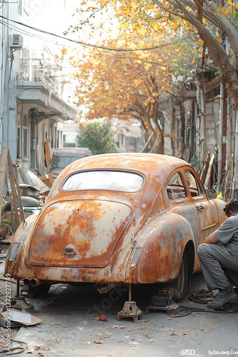 Rusty vintage car on jack stands in an alleyway, autumn leaves falling.  Nostalgic and atmospheric image, perfect for automotive, restoration, or travel projects.