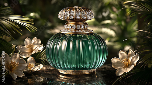Luxurious emerald green perfume bottle adorned with gold and diamonds, nestled amongst lush tropical foliage and delicate blossoms.  Evokes elegance, opulence, and the essence of exotic beauty.