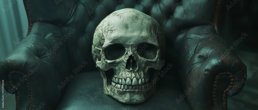 Fototapeta premium A skull is sitting on a black chair