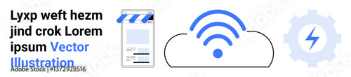 Mobile app interface next to cloud and gear with lightning bolt, symbolizing digital operations, IoT, automation, energy, innovation. Ideal for technology, efficiency, collaboration simple landing
