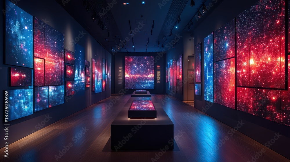 Immersive cosmic art gallery, vibrant red blue hues.