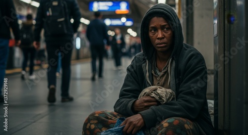 Homeless Woman in Subway Station