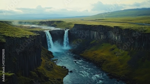 Scenic Waterfall Flows Through Green Landscape Under Cloudy Sky