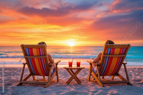 Two people sit on colorful beach chairs facing the ocean, enjoying a sunset with drinks on a table between them. Warm tones in sky and water create relaxing background. Ai generative