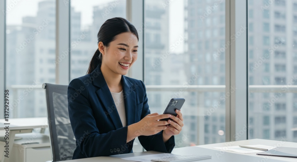 Smiling Businesswoman Using Smartphone in Office Smiling Businesswoman Using Smartphone in Office