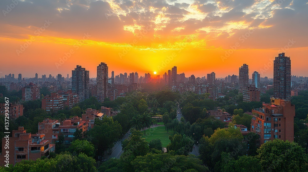 Obraz premium Sunset cityscape, orange sky, green park below