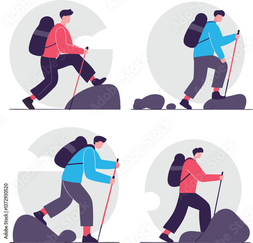 Hikers with Backpacks on Rocky Terrain Illustration