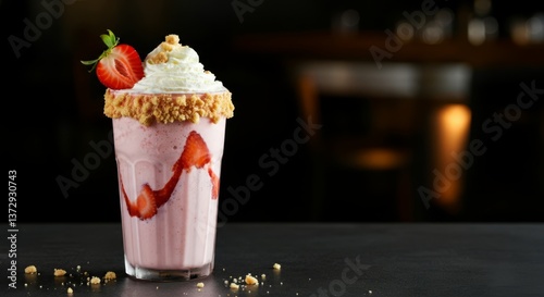 Strawberry milkshake with whipped cream and cookie crumble in glass