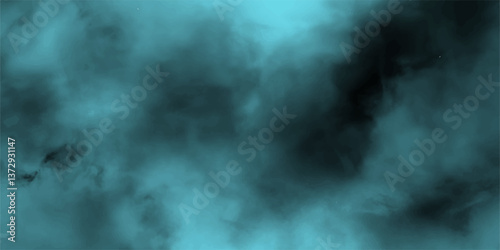 Creating a dramatic and atmospheric scene, nature, landscape. Mist envelops a tranquil landscape in cool blue tones. The sky is filled with clouds and the mist is thick and heavy. 