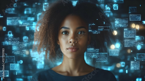 Portrait of Young African Woman in Dark Shirt with Glowing Blue Digital Data Overlays and Soft Lighting Artificial Intelligence Concept
