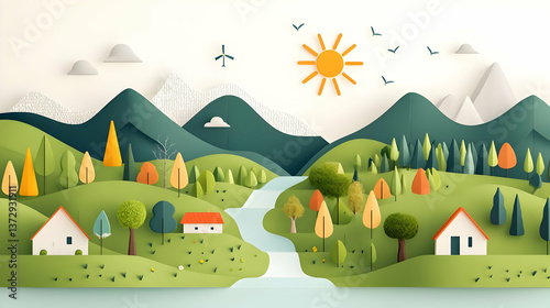 Vibrant Animated Landscape Illustrating Sustainable Practices and Nature
