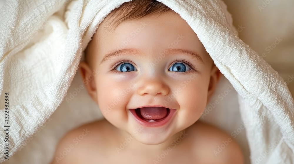 A baby’s laughter reflected in their sparkling eyes, mouth wide with happiness A baby’s laughter reflected in their sparkling eyes, mouth wide with happiness