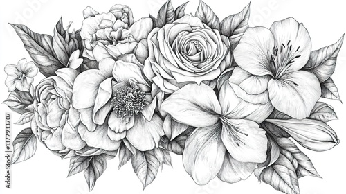 Detailed floral arrangement rendered in grayscale pencil style illustration