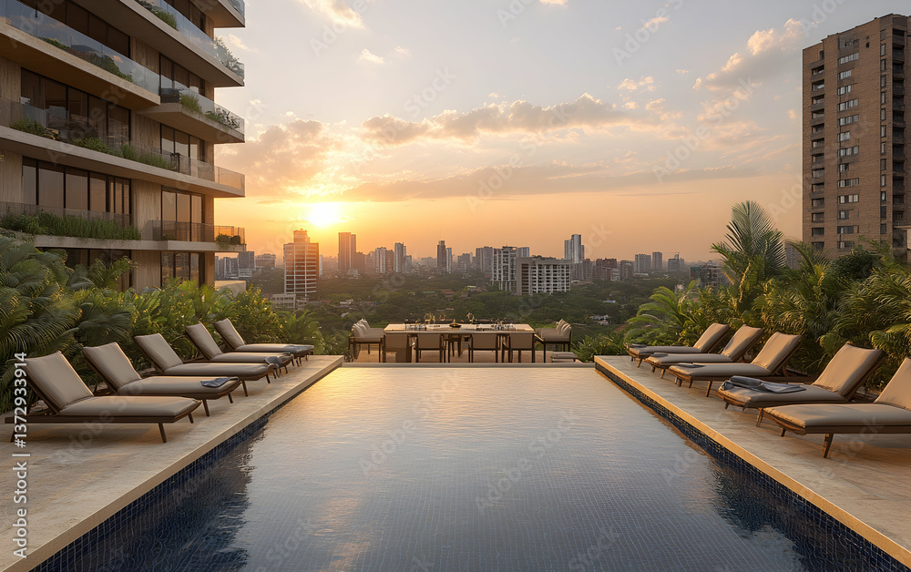 Obraz premium Rooftop Pool with Loungers and City Skyline at Sunset with orange Sky and Golden Light Reflecting on Water and Architectural Buildings