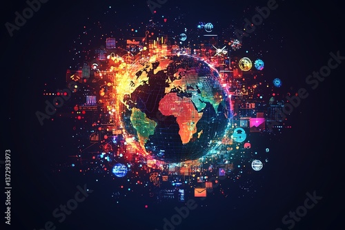 Colorful tech globe with various icons, reflecting global tech interactions and digital communications.
