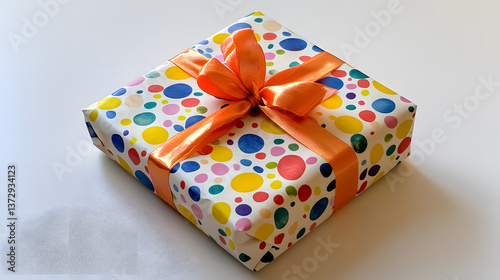 A cheerful birthday present wrapped in confetti print paper, finished with a colorful ribbon, designed to bring joy to the party.