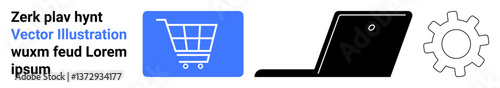 Shopping cart icon, laptop silhouette, gear graphic symbolizing online shopping, technology setup, and e-commerce tools. Ideal for retail, delivery, tech interface, digital solutions automation app