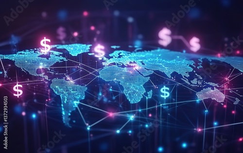 Tech globe with dollar symbols and network connections, symbolizing global economic tech and digital interactions.