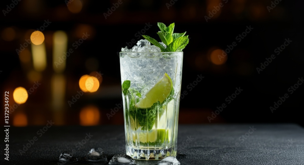 Refreshing mojito cocktail with lime and mint on dark background Refreshing mojito cocktail with lime and mint on dark background