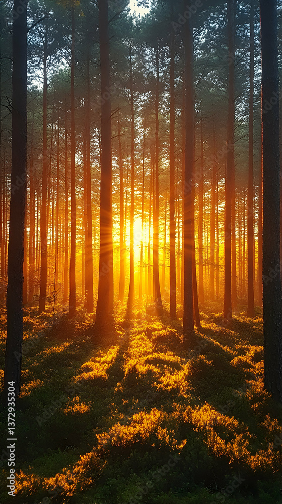 Obraz premium Sunlight filters through tall trees creating a warm glow on the forest floor with green vegetation and shadow contrasts