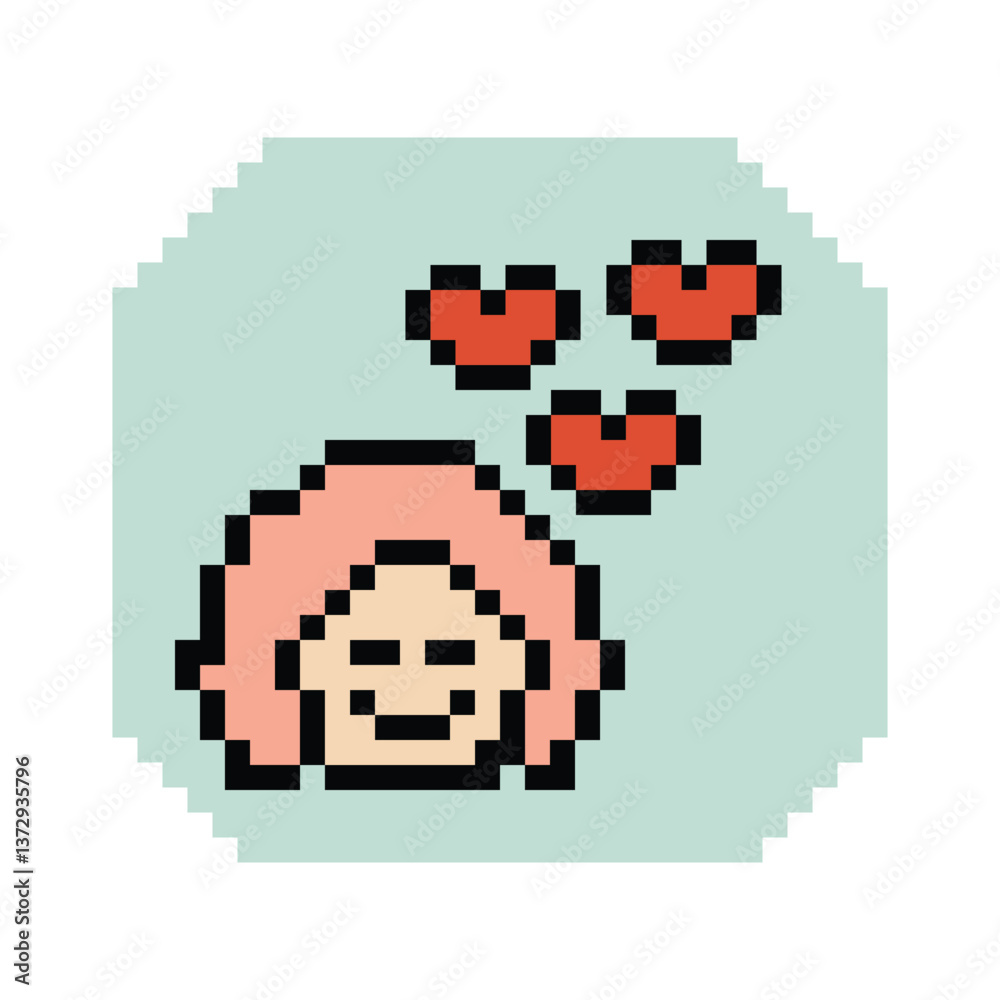 Fototapeta premium Cute pixel cartoon 8bit character woman lady feel love happy happiness heart emotion decoration in love 8 bit female girl happy favorite like mood game isolated PNG vector.