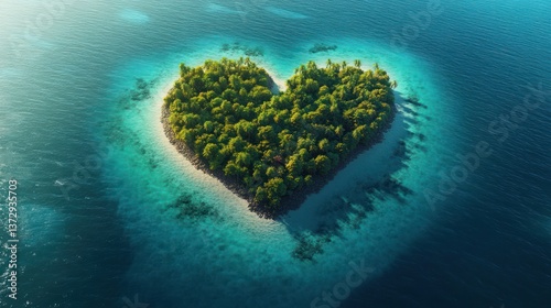A tropical island is shaped like a heart in blue water