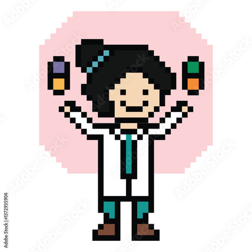 Cute pixel cartoon 8 bit character woman doctor scientist game care decoration pharmacist female doctor uniform lady in hospital 8 bit woman pixel art game 8bit png vector.