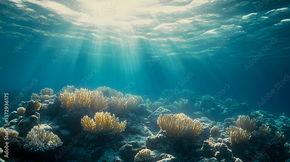 Obraz premium Sunlit ocean floor vibrant coral clusters on rocky terrain shimmering surface above Underwater scene with light rays