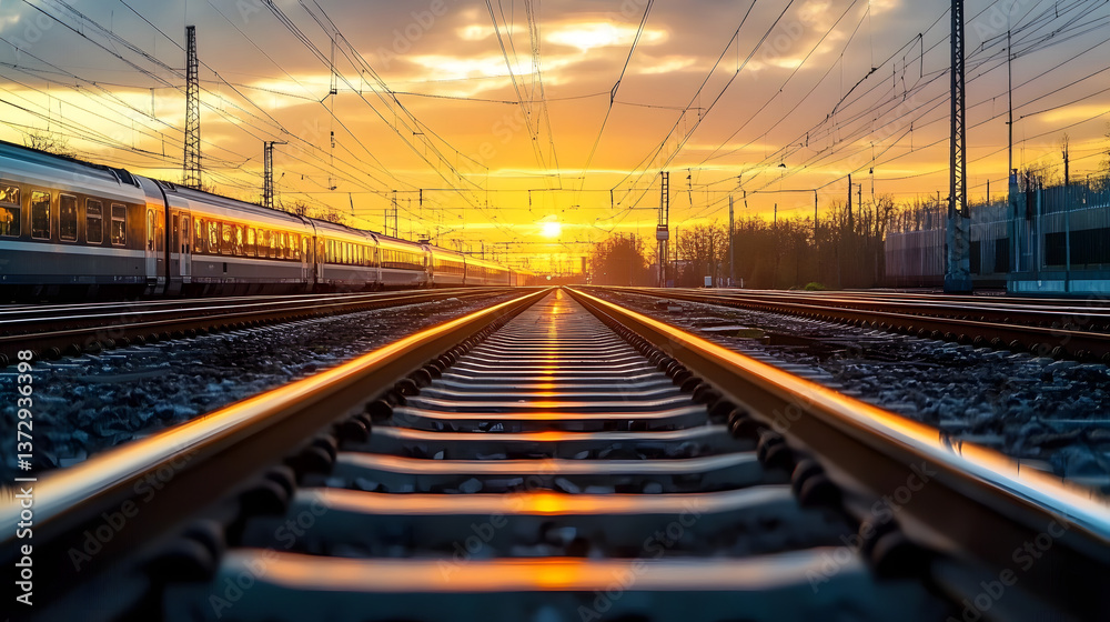 Obraz premium Golden Sunset Over Train Tracks with Glowing Lights in the Evening Sky&nbsp;