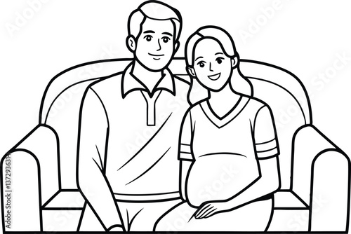 Happy Cartoon Couple on Sofa Outline, Pregnant Woman, Transparent Background