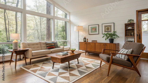 Cozy Living Room with Beige Sofa and Geometric Rug