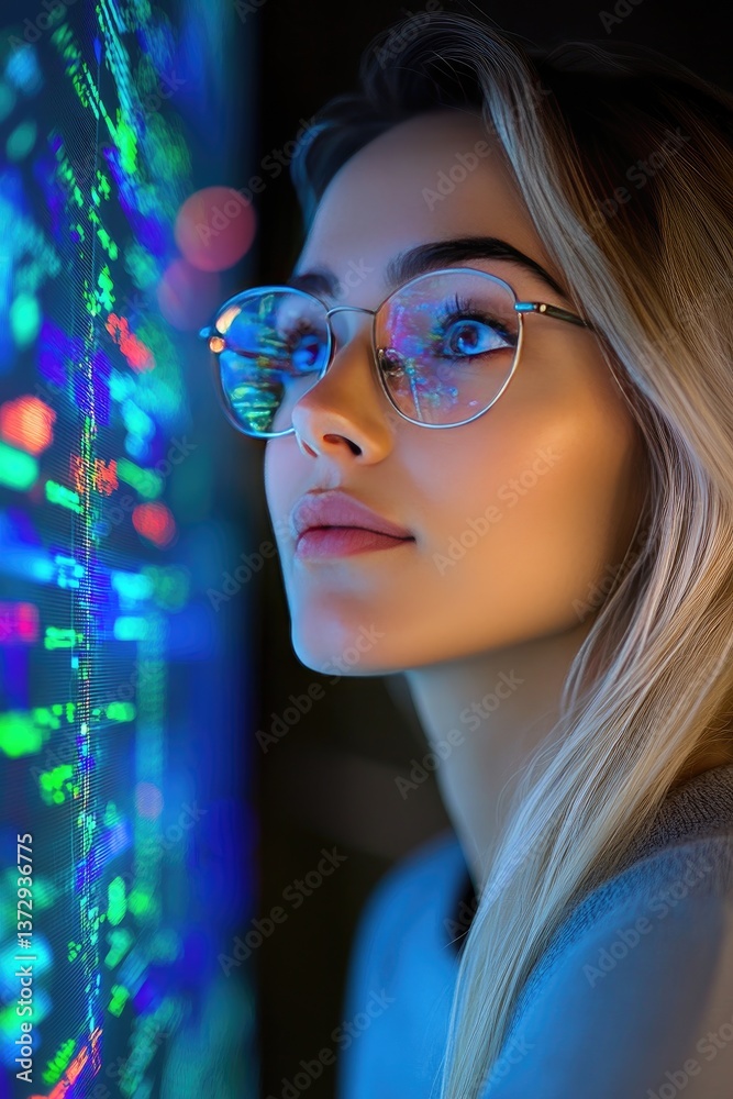 Focused Woman Analyzing Data on Screen with Digital Graphics in Glasses Reflection Focused Woman Analyzing Data on Screen with Digital Graphics in Glasses Reflection