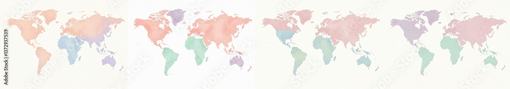 Obraz premium Pastel Watercolor World Map Illustration - A delicate watercolor world map in pastel shades. Symbolizing global connection, travel, exploration, unity, and peace