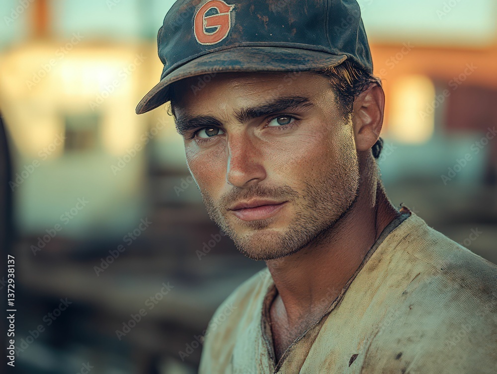 Dusty baseball cap man intense gaze