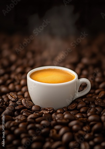 Hot Coffee in White Cup Surrounded by Roasted Coffee Beans on Dark Background