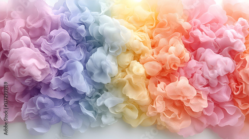 Swirling pastel fabric with gradient of colors lilac blue white yellow orange and pink in flowy airy composition