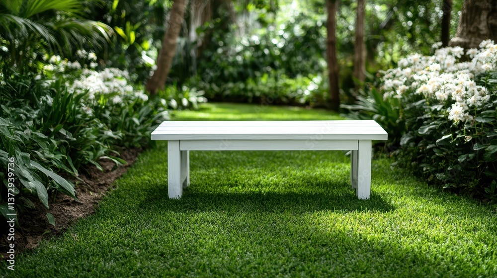 A sleek, minimalist white table is positioned in a lush garden, surrounded by radiant flowers, inviting contemplation and appreciation of nature's vibrant beauty and simplicity. A sleek, minimalist white table is positioned in a lush garden, surrounded by radiant flowers, inviting contemplation and appreciation of nature's vibrant beauty and simplicity.