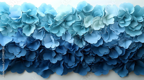 Textured floral cascade in light to dark blue creates layered depth on a light backdrop