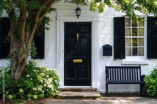 A charming house facade featuring a black door, white brick, and a bench inviting a welcoming atmosphere