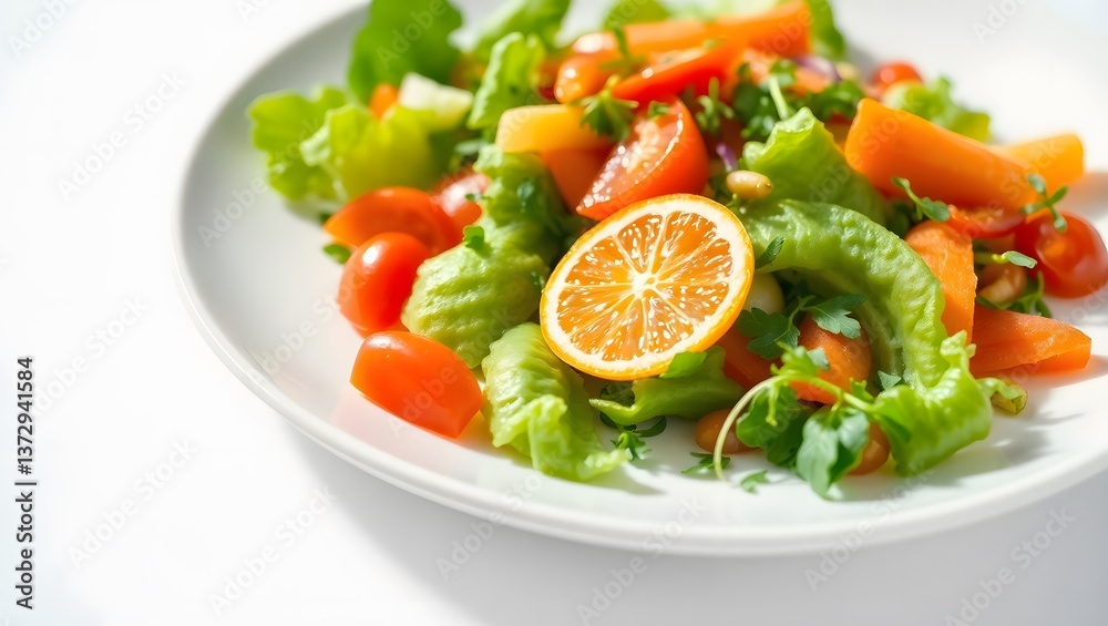 Fresh spring salad with colorful vegetables, avocado, microgreens, and citrus dressing on a white plate. Fresh spring salad with colorful vegetables, avocado, microgreens, and citrus dressing on a white plate.