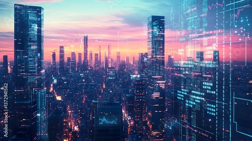 Wallpaper Mural Futuristic cityscape panorama under a vibrant sunset with data overlay Torontodigital.ca