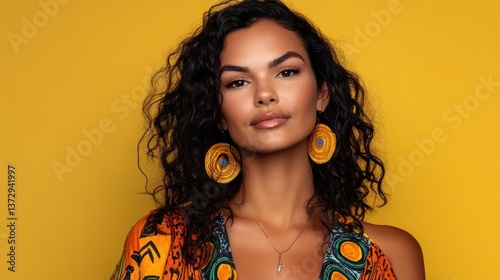 A close-up portrait of a gorgeous Indigenous Australian woman with dark curly hair, dressed in contemporary attire featuring Aboriginal art designs, posed before a mustard yellow background.